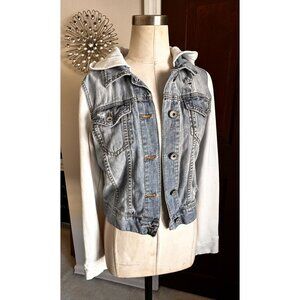 Bullhead Black denim jacket white sleeves and hood Medium